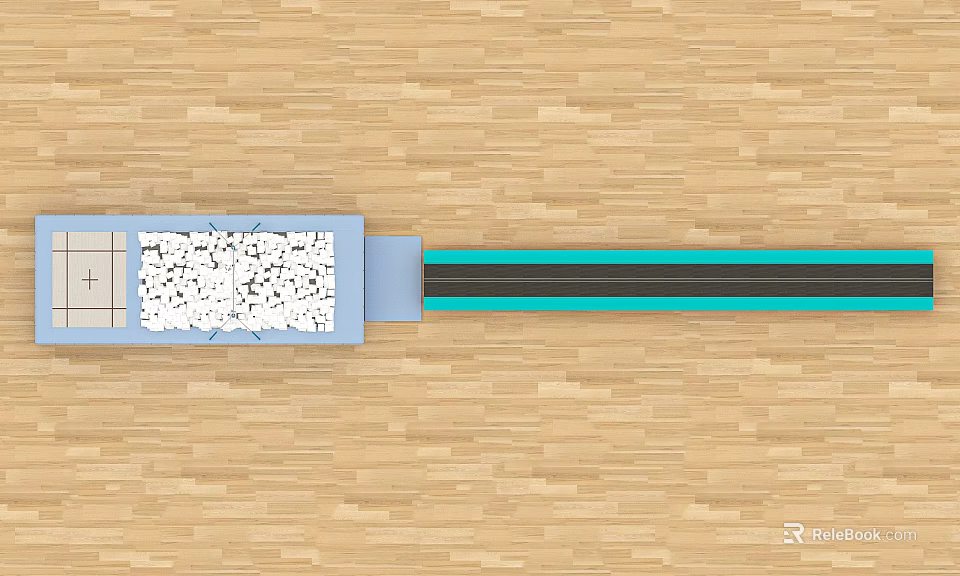 Wooden Floor With Blue Rectangular Structure And White Granular Objects Plus Black Teal Strip 3d model 