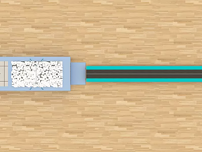 Wooden Floor With Blue Rectangular Structure And White Granular Objects Plus Black Teal Strip 3d model