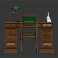 Green Upholstered Office Chair At Wooden Desk With Green Lamp Open Book And Clear Bottle