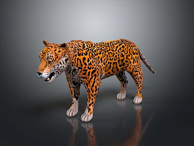 Realistic 3D Leopard Model With Detailed Fur Pattern Standing On Black Background With Reflection 3d model