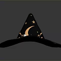 Decorative Black Wizard Hat Featuring Gold Stars Small Moon Branch Decoration And Curled Edge