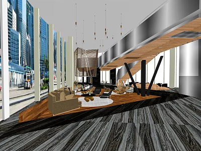 Hotel Lobby Interior Design With Floor to Ceiling Windows Sofas Pendant Lights And Wooden Flooring 3d model