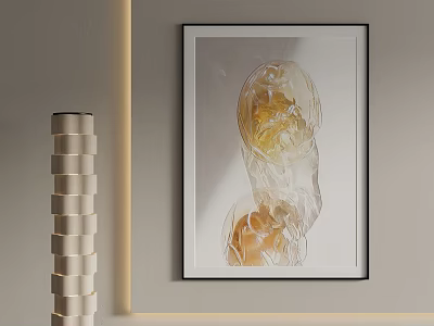 Abstract Wall Painting With Transparent Yellow Accents And Modern Decorative Column Light 3d model
