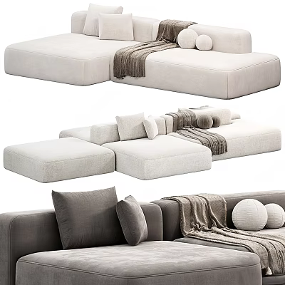 Comfortable Leisure Sofa Set Modular Design Beige Gray With Pillows And Blanket 3d model