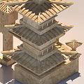 Traditional Wooden Multi Layered Tower Model With Curved Eaves And Roof Structures