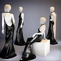Models In Black Evening Dresses Posing And Leaning Against White Cubes 3d model