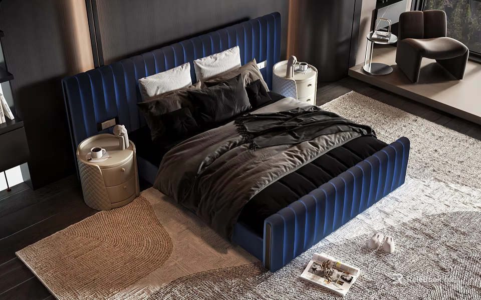 Blue Upholstered Double Bed With Tufted Headboard And Nightstands In Modern Bedroom 3d model 