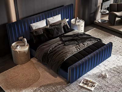 Blue Upholstered Double Bed With Tufted Headboard And Nightstands In Modern Bedroom 3d model