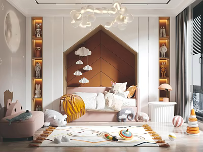 Cozy Kids Room Interior With Cloud Chandelier Geometric Bedhead Stuffed Toys And Playful Rug 3d model