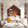 Cozy Kids Room Interior With Cloud Chandelier Geometric Bedhead Stuffed Toys And Playful Rug