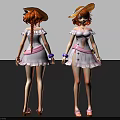 Woman with Braided Orange Hair Yellow Hat White Dress Purple Bracelets Sandals Back Front Views