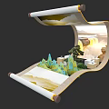 Scenic Island Display In Traditional Scroll With Waterfall Trees And Colorful Rocks