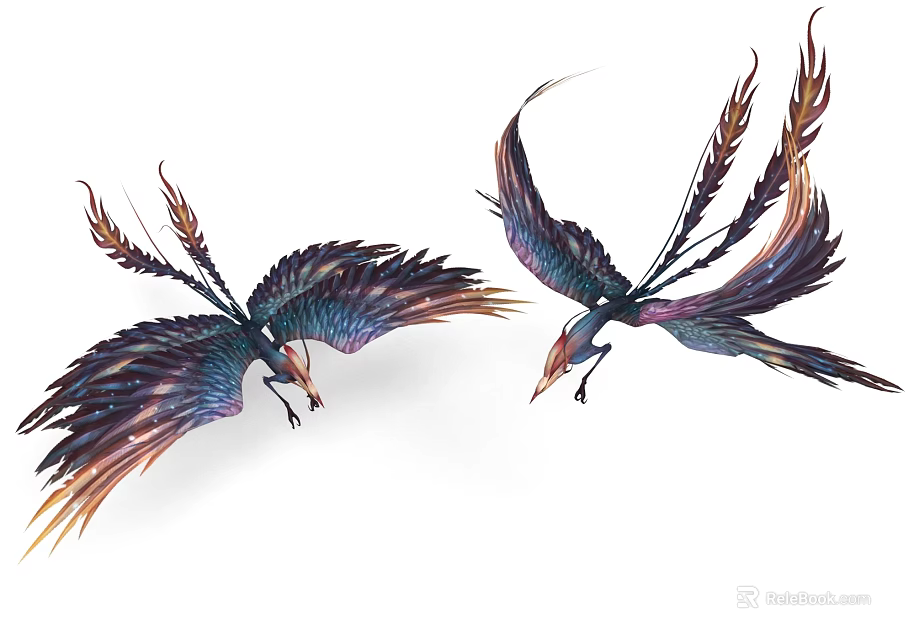Two Colorful Birds With Vibrant Feathers Spreading Wings And Long Tails In Flight 3d model 