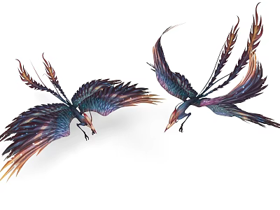 Two Colorful Birds With Vibrant Feathers Spreading Wings And Long Tails In Flight 3d model