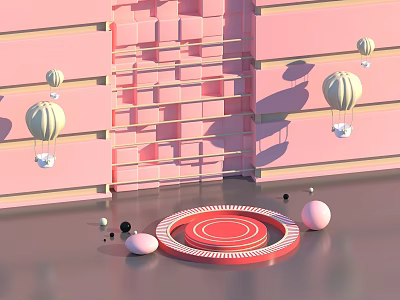 Stylish Pink Themed Decor With Grid Wall Hot Air Balloons And Circular Red Ornaments 3d model