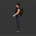 Man In Brown Vest Blue Jeans With Backpack And White Wristbands Arms Outstretched Gray Background