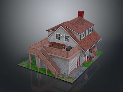 Cartoon House Scene With Red Roof White Walls Wooden Deck Staircase Bench And American Flag 3d model