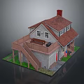 Cartoon House Scene With Red Roof White Walls Wooden Deck Staircase Bench And American Flag