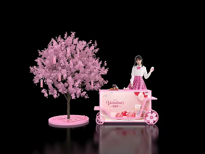 Check In Experience With Pink Cherry Blossom Tree Sweetie Cart And Girl 3d model