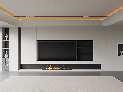 Modern Living Room Interior With TV Wall Fireplace And Built In Cabinets 3d model