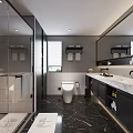 Elegant Modern Bathroom Interior With Large Mirror Marble Vanity And Cabinets