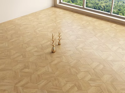 Herringbone Pattern Light Wood Flooring in Bright Room With Large Windows And Green View 3d model