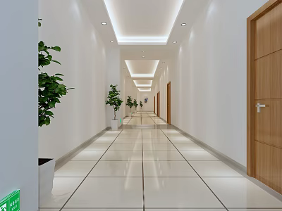 Elevator Corridor Featuring White Walls Wooden Doors Green Plants White Tiled Floor And Ceiling Lights 3d model