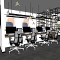 Modern Public Office Space With Ergonomic Chairs Desks Computer Monitors Plants Artworks And Metal Frames