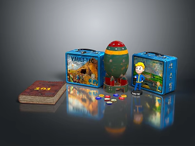 Kids Adventure Toys Collection With Blue Cases Red Book Figurine Spherical Toy And Colorful Chips 3d model