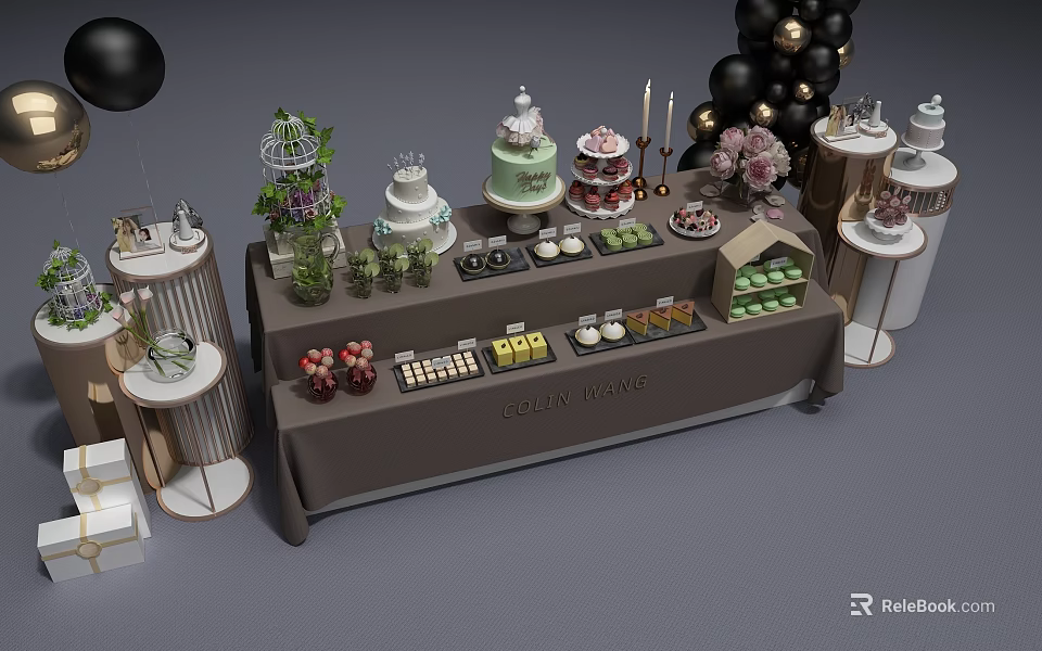 Elegant Dessert Table With Assorted Cakes Pastries Fresh Fruits Decorative Balloons Green Plants Birdcage 3d model 