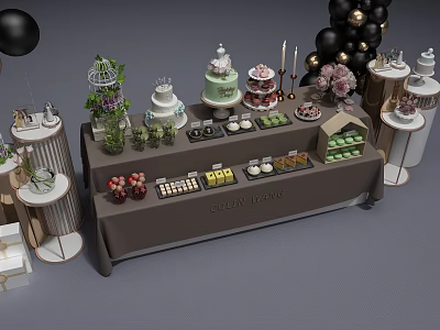 Elegant Dessert Table With Assorted Cakes Pastries Fresh Fruits Decorative Balloons Green Plants Birdcage 3d model