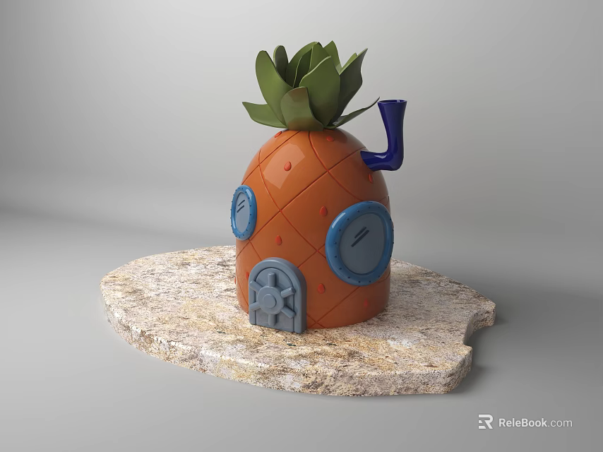 Unique Pineapple Shaped Decorative Object With Green Leaves Blue Pipe And Stone Base 3d model