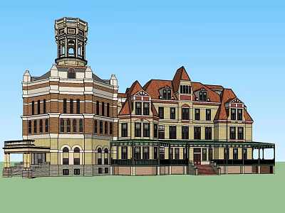 Classical European Style Hotel Building With Tower Red Brown Roof And Porch 3d model