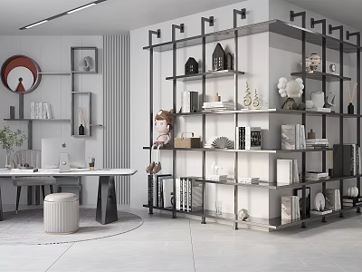 Modern Minimalist Study Room Interior With Open Shelves Desk And Decorative Items 3d model