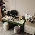 Stylish Green Countertop Dressing Table With Round Mirror Beige Stools And Drawer Cabinet