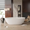 White Oval Bathtub with Light Blue Water on Wooden Floor and Slippers on Gray Mat