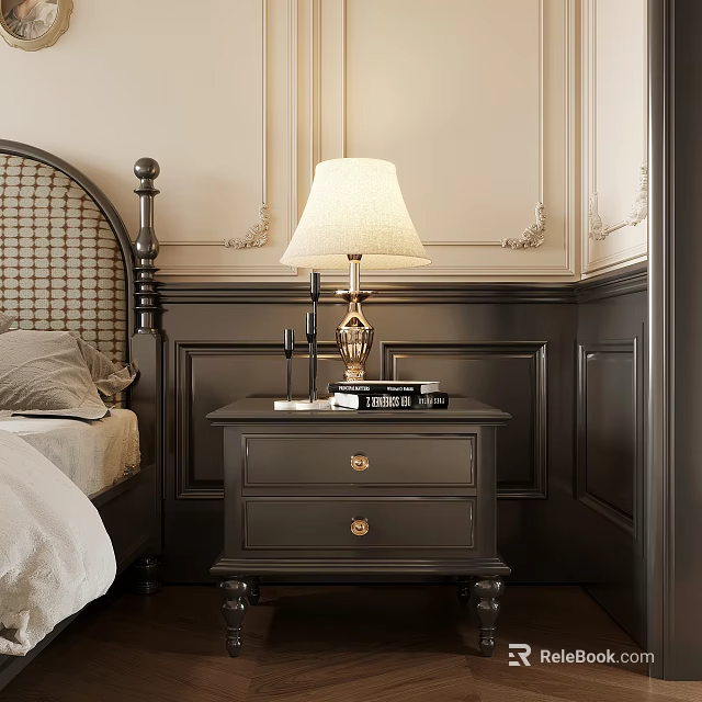 Classic Bedroom Interior With Wicker Headboard Gray Nightstand And Table Lamp 3d model 
