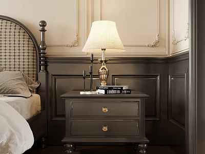 Classic Bedroom Interior With Wicker Headboard Gray Nightstand And Table Lamp 3d model