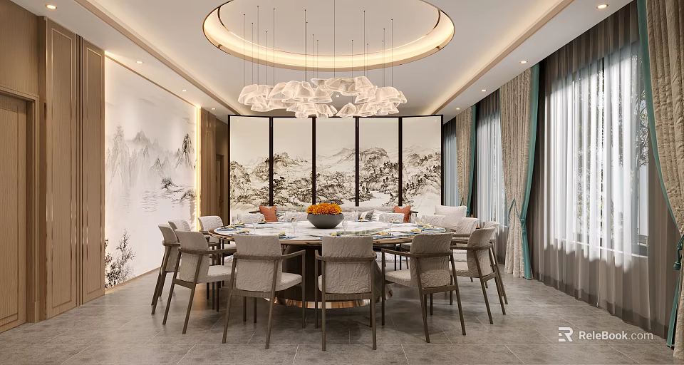 Chinese Style Private Dining Room With Round Table And Landscape Screen 3d model