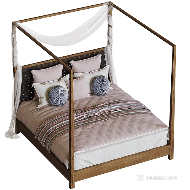 Cozy Double Bed Background With Wooden Frame Light Drapery And Decorative Pillows 3d model 
