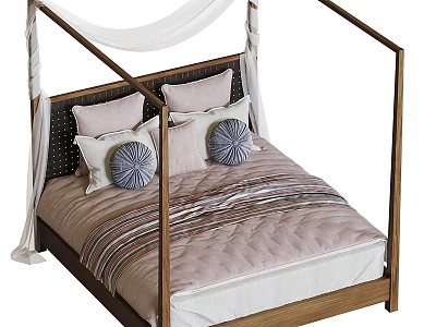 Cozy Double Bed Background With Wooden Frame Light Drapery And Decorative Pillows 3d model