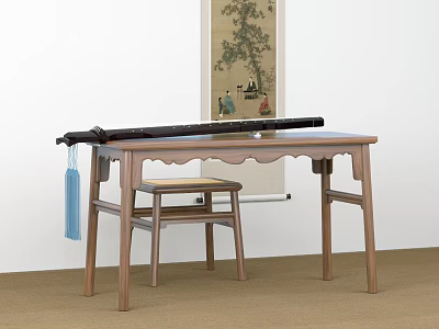 Traditional Chinese Wooden Tea Table With Side Stool And Scroll Painting Decor 3d model