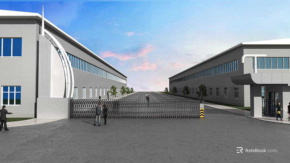 Industrial Factory Entrance Gate With Electric Retractable Barrier Large Buildings And Trees 3d model 