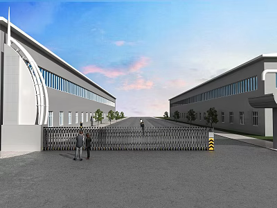 Industrial Factory Entrance Gate With Electric Retractable Barrier Large Buildings And Trees 3d model