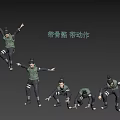 Game Movie Character In Green Outfit With Black Stripes Multiple Action Poses Jumping Squatting