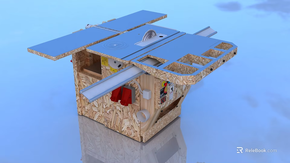 Industrial Woodworking Machine Tool With Blue Worktop Wooden Structure And Cutting Tools 3d model 