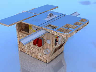 Industrial Woodworking Machine Tool With Blue Worktop Wooden Structure And Cutting Tools 3d model