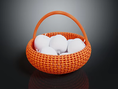 Orange Woven Basket Filled With White Eggs On Dark Surface 3d model