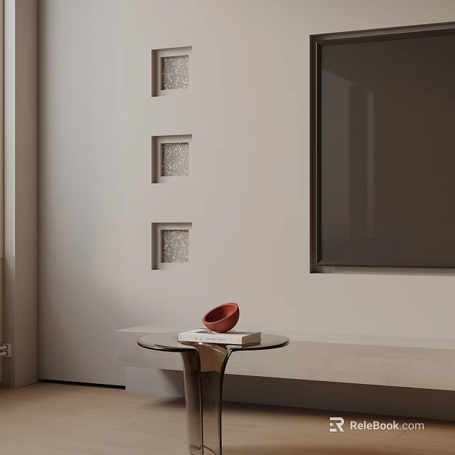 Modern Round Glass Top Side Table With Red Bowl And Books In Living Room Interior 3d model 