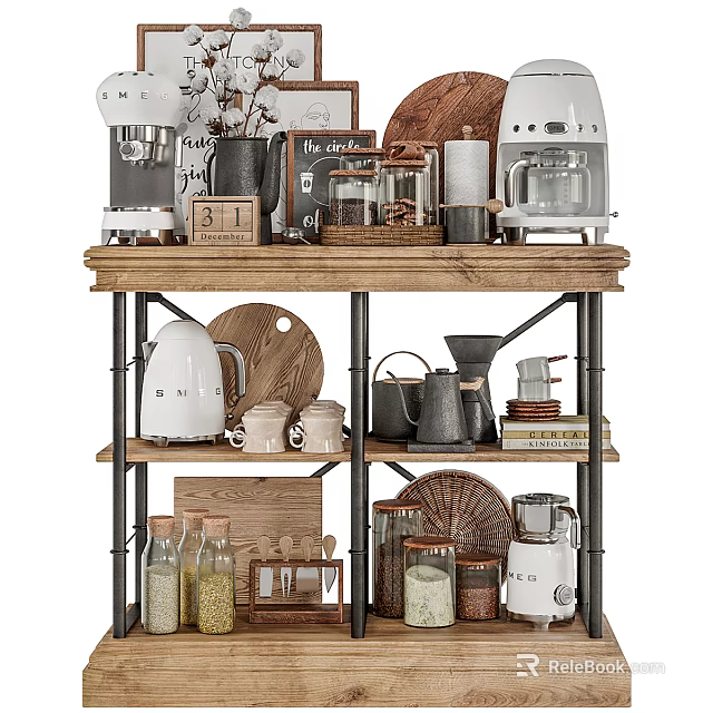 Organized Kitchenware Display On Wooden Metal Shelf With Kettle Jars And Cutting Board 3d model 